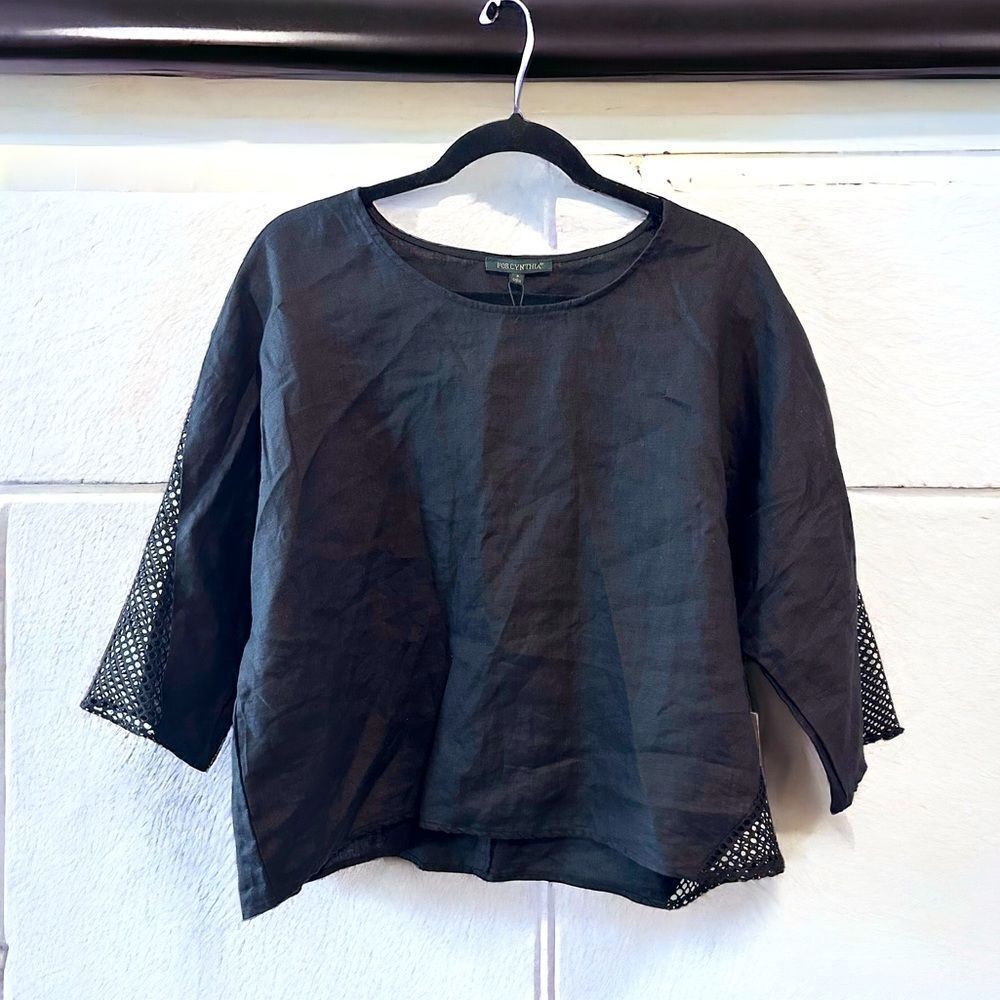 For Cynthia Linen Top Black Size Small Mesh Crochet Trim - 100% Linen
